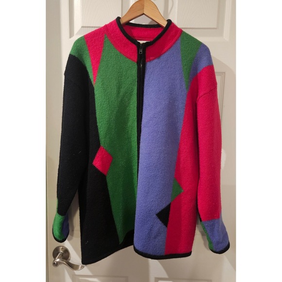Coldwater Creek Sweaters - Coldwater Creek 100% Wool Zip Cardigan Sweater Women Large Colorblock Geometric‎
